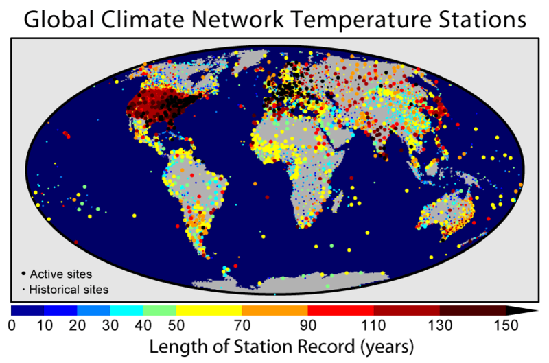 Global map of weather stations along with how much historical data there is from each station.